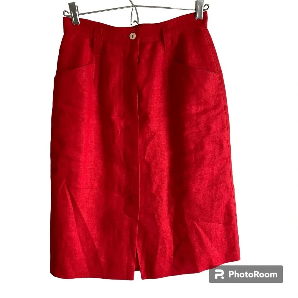 Vintage 100% Linen Cherry Red Pencil Skirt Size 6